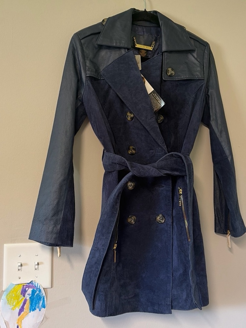 Leather IMAN Navy Double-Breasted Trench Coat with Belt NWT Small
